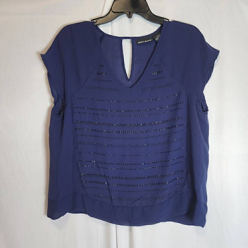 DKNY Womens Chiffon Embellished Short Sleeve Blouse Navy Blue Size M C17